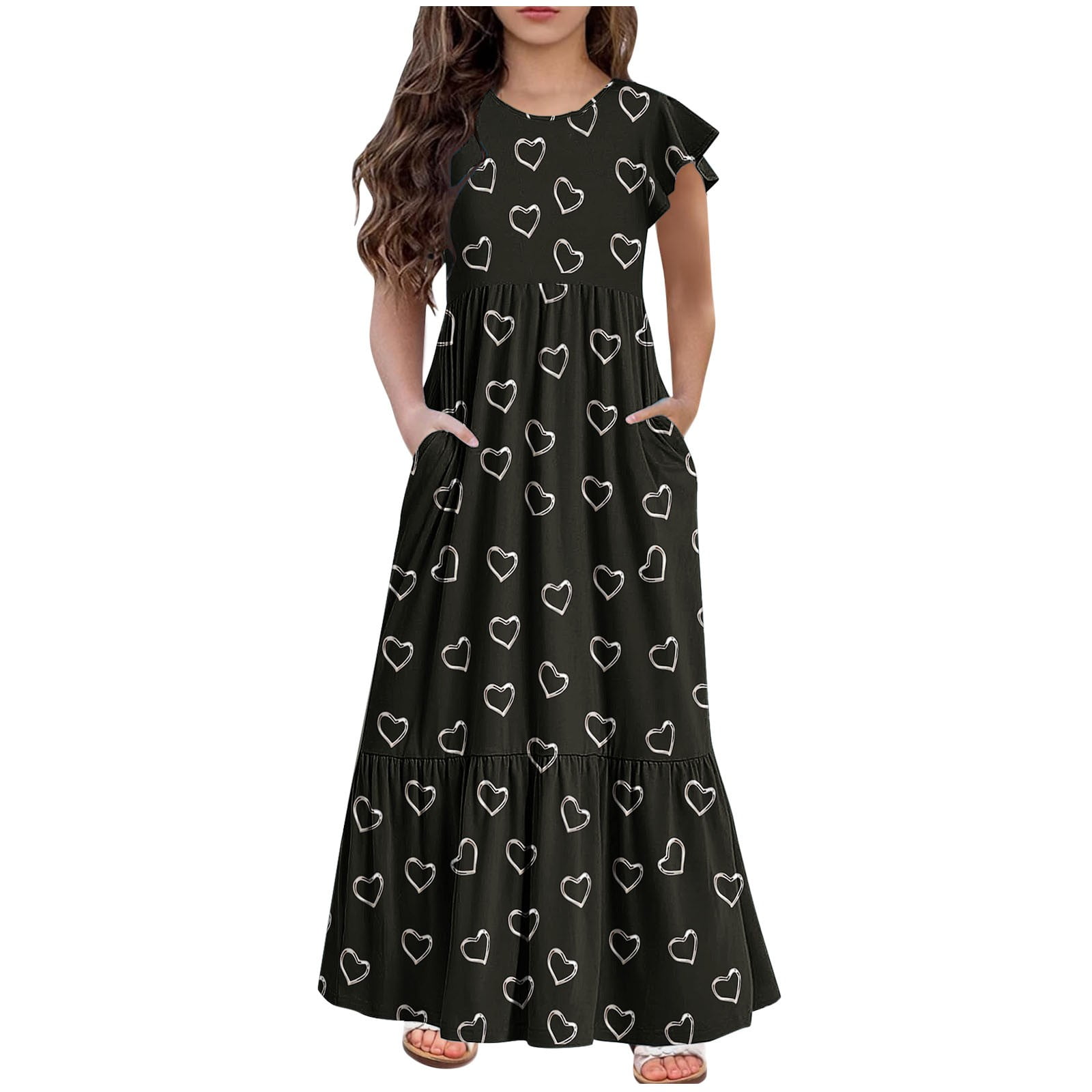 Jgppe Maxi Dress for Girl Summer Spring Pleated Ruffle Sleeve A-Line Casual Sundress 6-13 Years