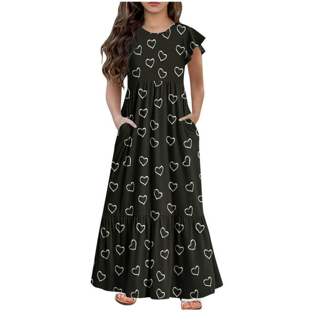 ameIAEA Robe Maxi d'Été pour Filles à Volants Manches Col Rond Décontractée avec Poches
