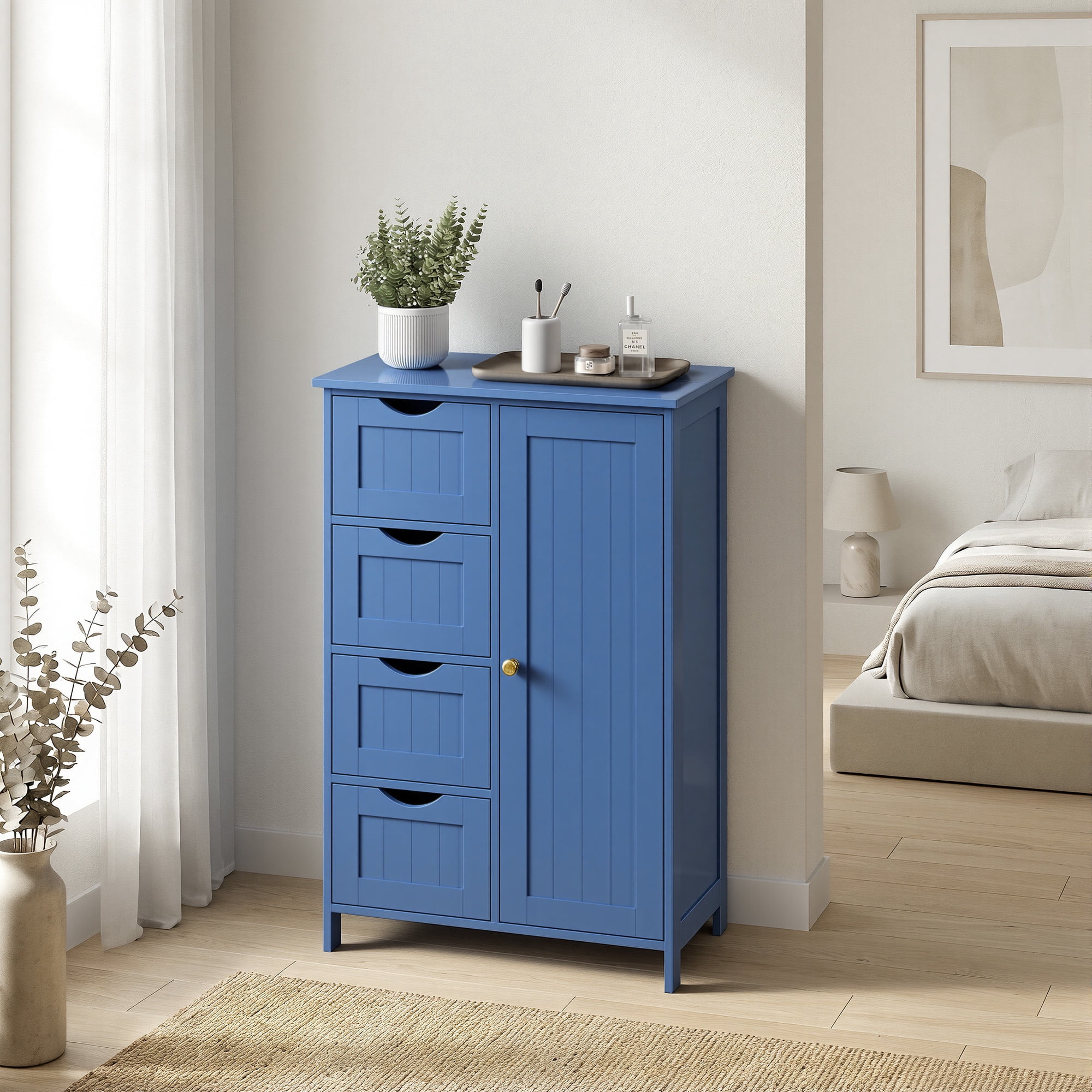 LEDREM Bathroom Floor Cabinet, Wooden Freestanding Side Storage Organizer with 4 Drawers and Adjustable Shelves for Bathroom,Blue