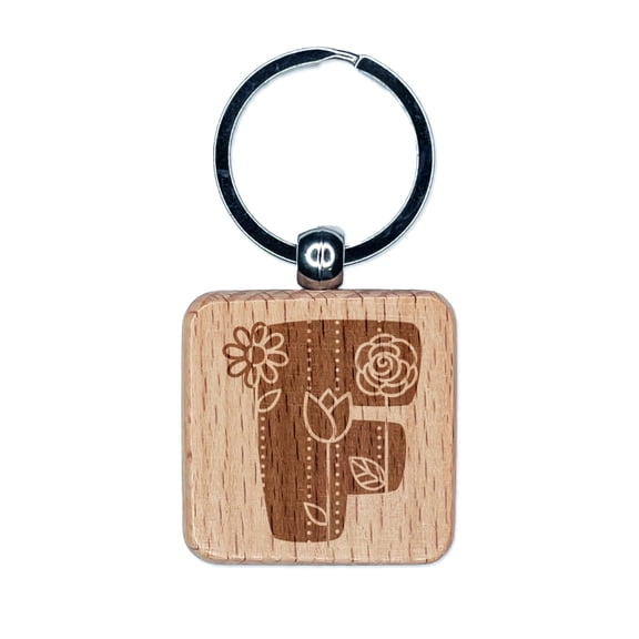 Sweet and Cute Flowers Rounded Block Letter F Square Keychain Charm Tag - Engraved Wood