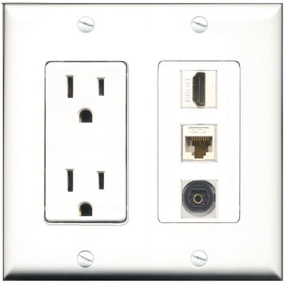RiteAV - 15 Amp Power Outlet 1 Port HDMI 1 Port Toslink 1 Port Cat6 Ethernet Ethernet White Decorative Wall Plate