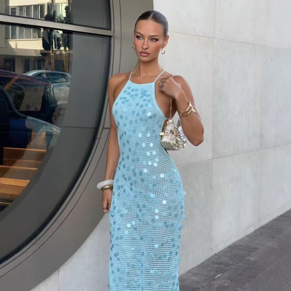 2026 New European and American Solid Color Sexy Sequin Strap Beach Cover-Up Dress Beach Skirt