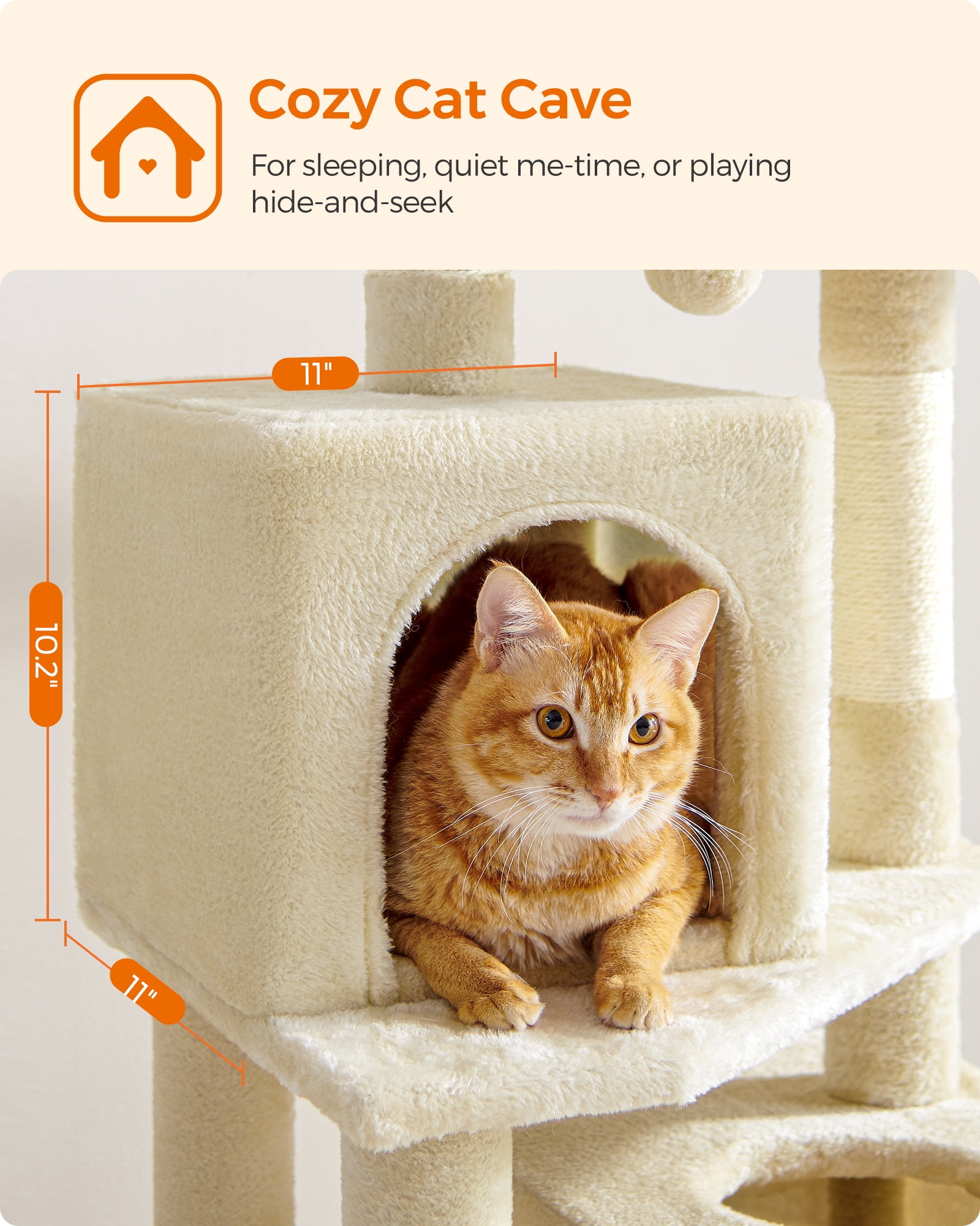 61"H Cat Tree Cat Tower for Indoor Cats, Plush Multi-Level Cat Condo with Scratching Posts, Perches, Caves, Hammock, Beige
