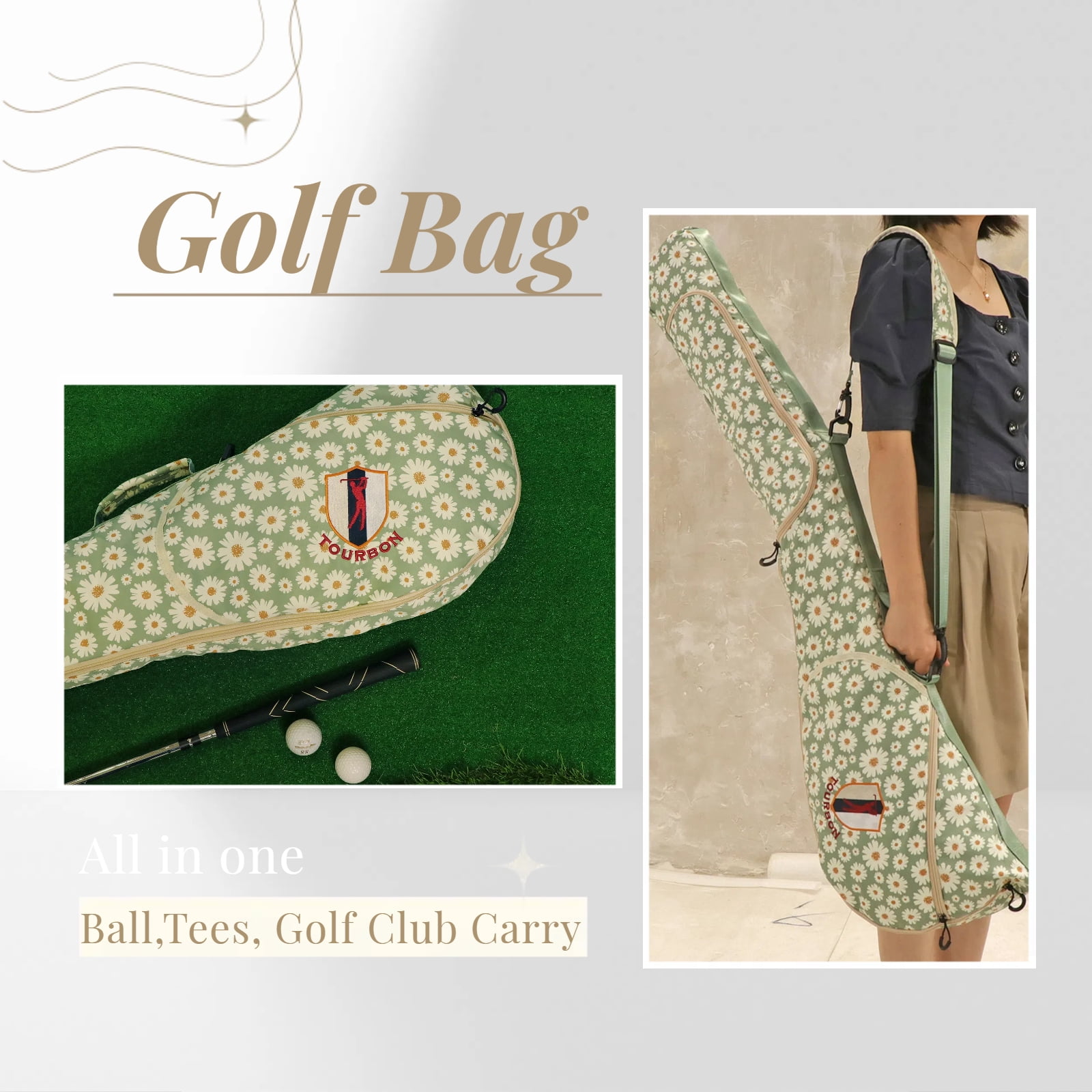 TOURBON Waterproof Sunday Golf Bag, Lightweight Nylon Floral Print Golf Club Carry Bag for Driving Range, Travel & Storage, Holds 7-9 Clubs-1 Count