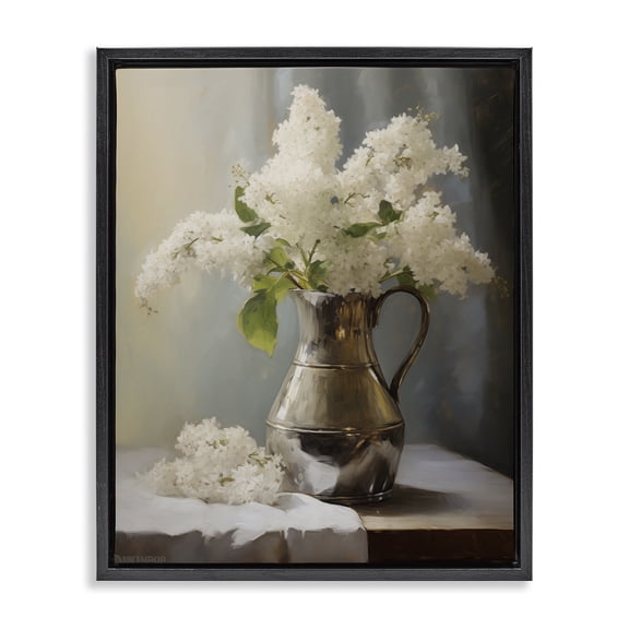Stupell Industries White Lilacs Still Life Floral Painting Black Floater Framed Canvas Art Print Wall Art, 17 x 21