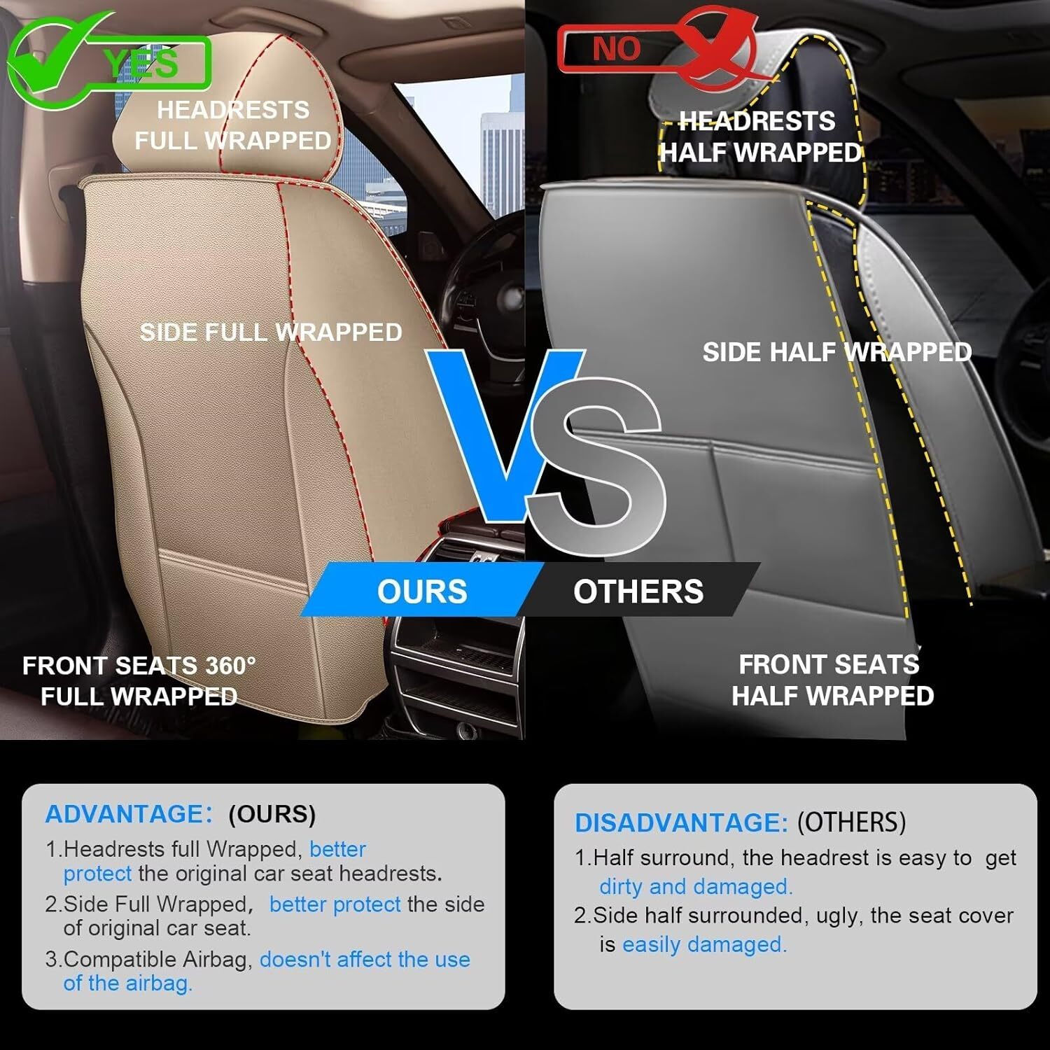 DIKSOAKR 2 Front Car Seat Covers Fit for Toyota RAV4 2007-2025 Faux Leather Seat Cushion with Lumbar Support Airbag Compatible Automotive Interior Accessories (BEIGE)