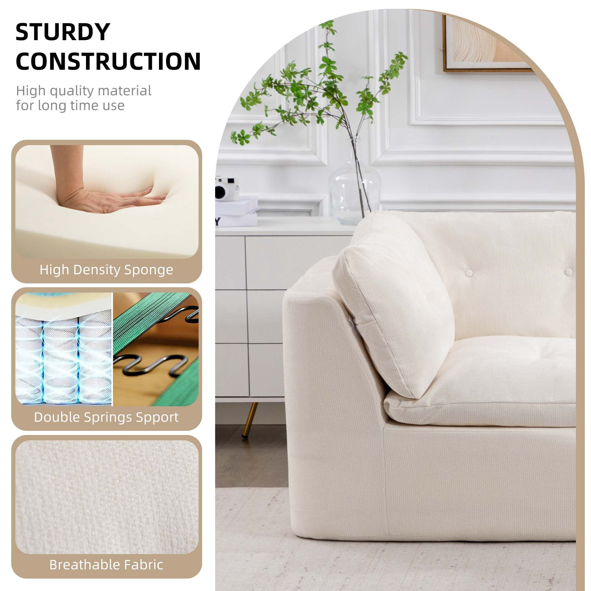 106.29" Sectional Sofa, 3 Seater Modular Sectional Floor Sofa with Ottoman, Chenille Cloud Couch for Living Room, Deep Seat Sofa, Beige