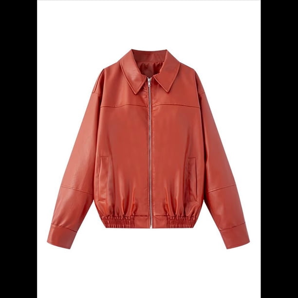 Chaquetas de para Mujer, Abrigos de Motociclista de Imitación de Gran Tamaño, Ropa de Moda para Otoño Rojo M