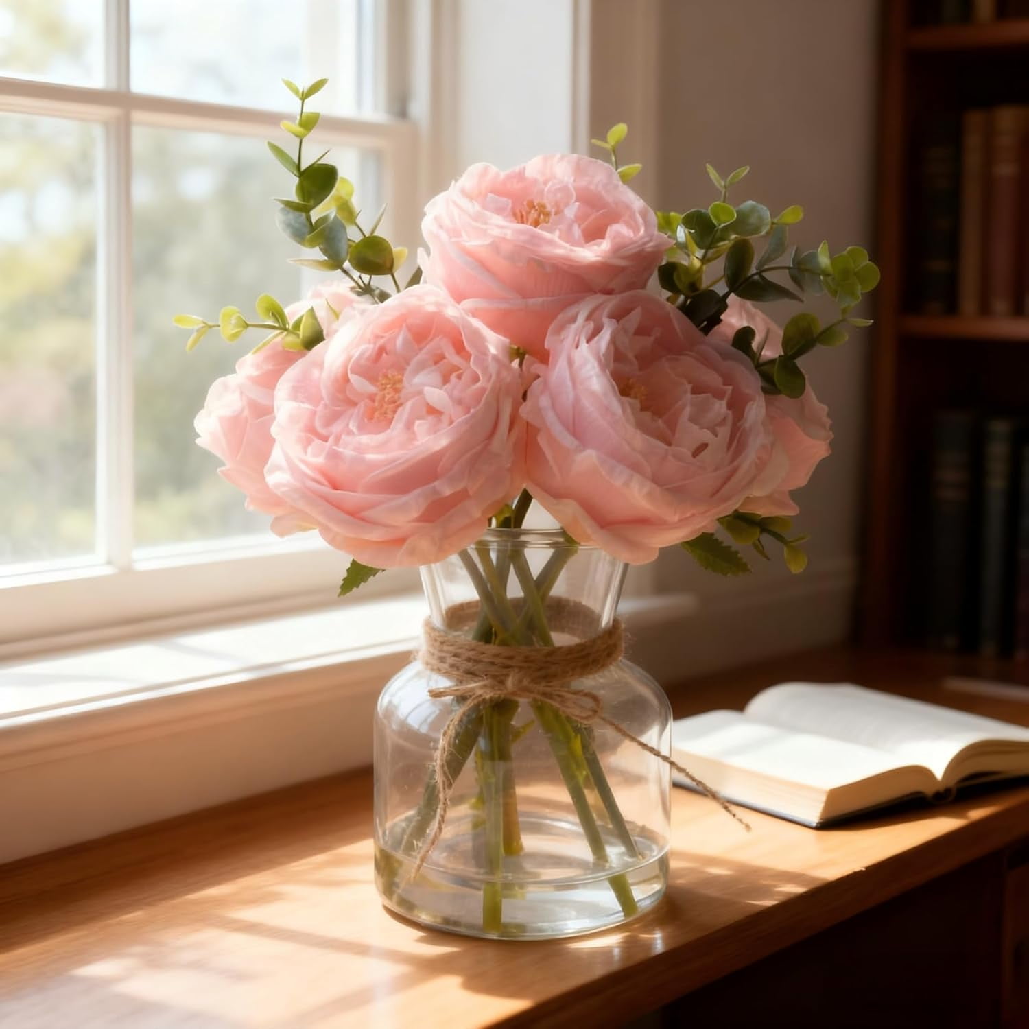 Artificial Pink Roses in Vase, Lifelike Faux Flowers Arrangement with Artificial Water, 13×10 Fake Flowers in Vase for Dining Table Centerpiece, Home & Restaurant Decor
