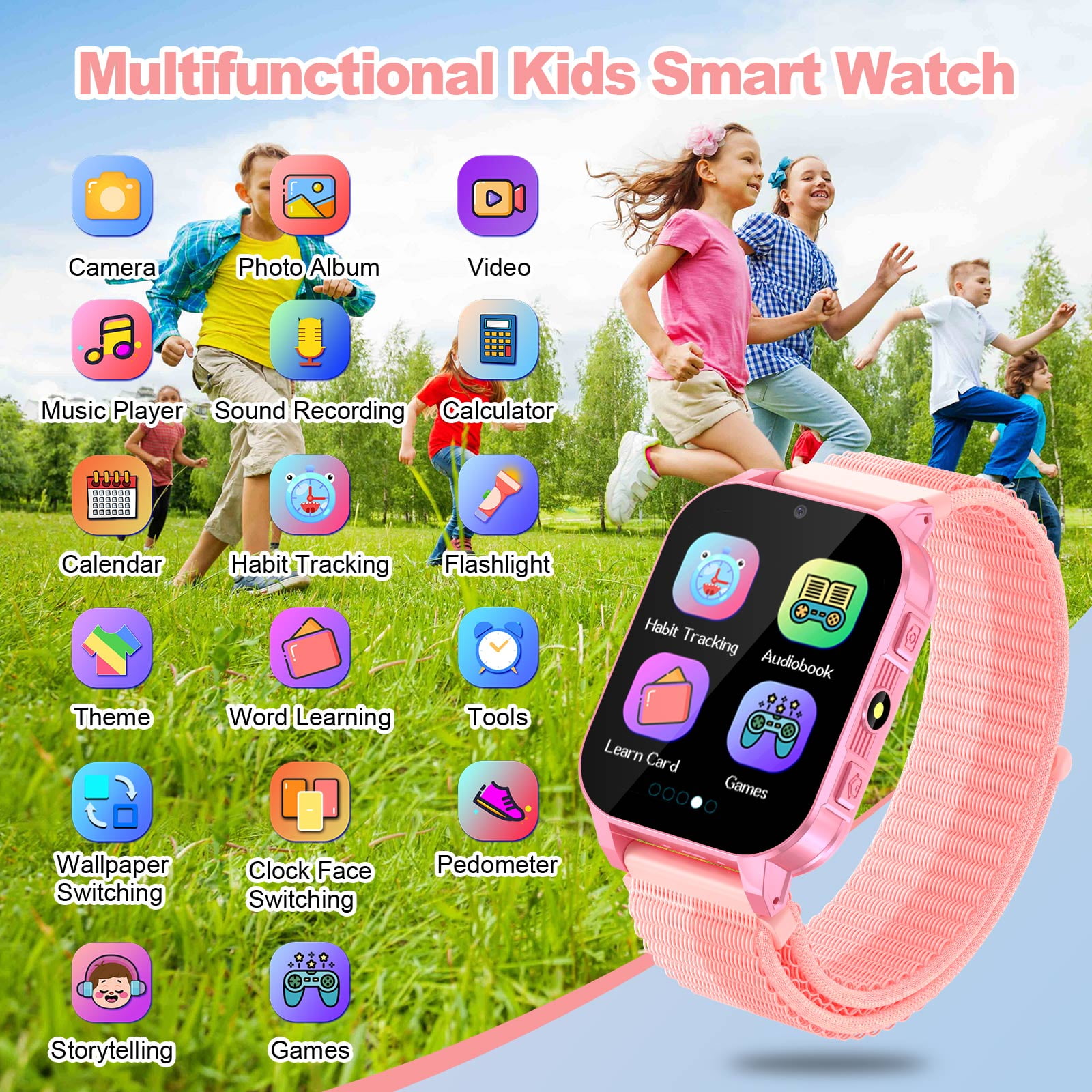 SHANNA Kids Smart Watch for Boys Girls Aged 4-12,  1.83'' HD Touch Screen with 30 Games and 140 Learning Cards, Music Player Camera Pedometer Story Telling, Pink