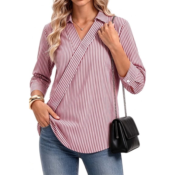 Fantaslook Striped Tops for Womens 3/4 Sleeve V Neck Shirts Dressy Casual Business Work Blouses Trendy Lapel Tops