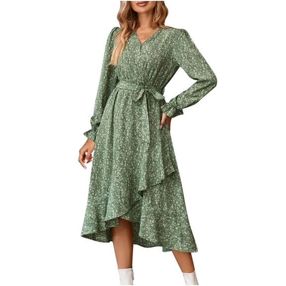 Long Sleeve Dresses for Women Casual V Neck Boho Floral Print Bohemian Flowy Ruffle Hem Maxi Party Dress with Belt,Green,M