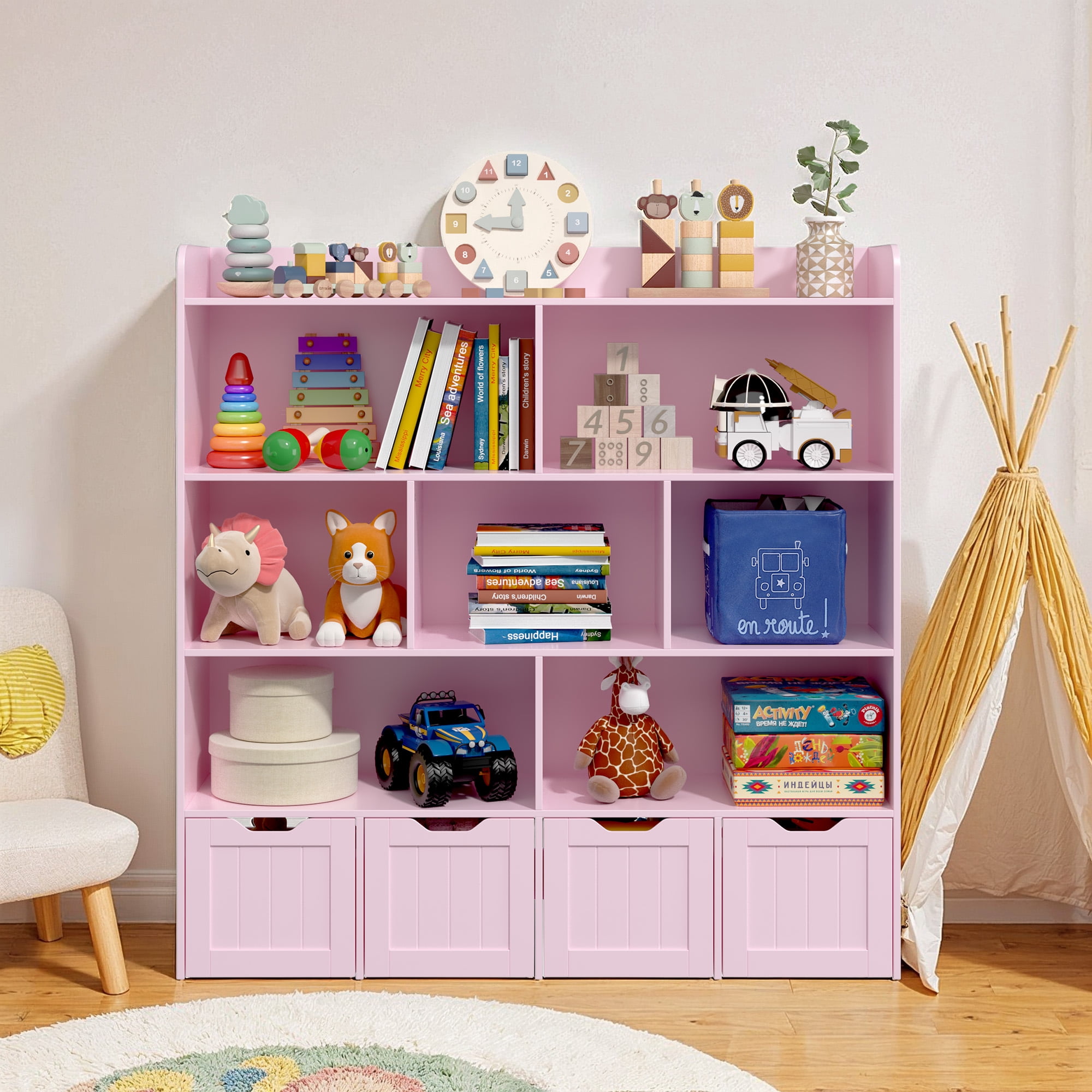 Noelse Toy Storage Cabinet and Kids Bookcase with 4 Movable Drawers and 8 Open Shelves Toy Chest Shelf Organizer with Hidden Wheels for Playroom Nursery Kids Room, Pink