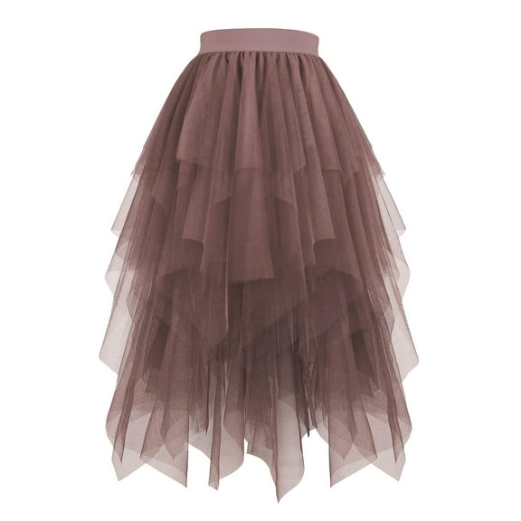 LNWUY Women's Fashion Tulle Skirts High Low Layered Puffy Fairy Skirts Midi Length Irregular Solid Color Tutu Skirt Brown L