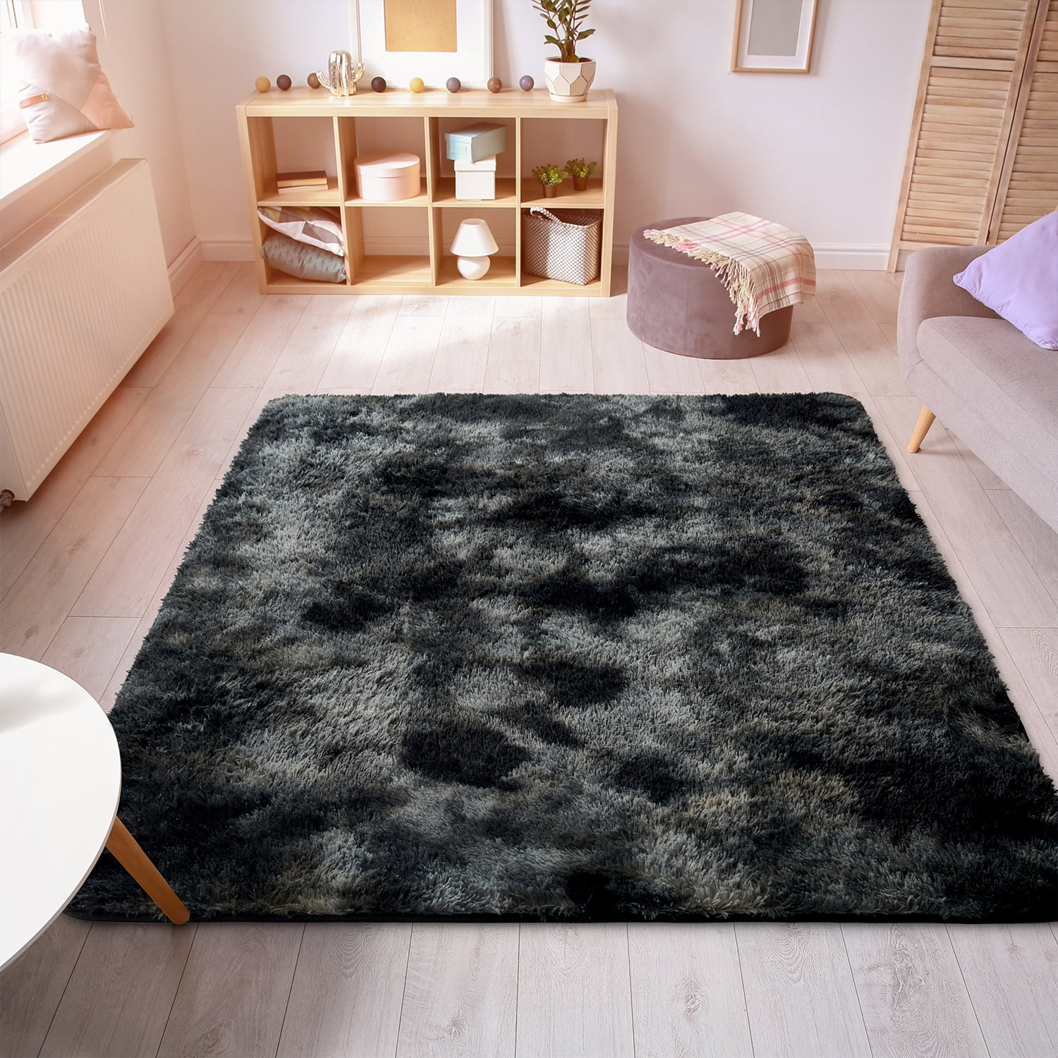 Soft Plush Faux Fur Area Rug 4x6 Feet, Black Faux Fur Living Room Rug
