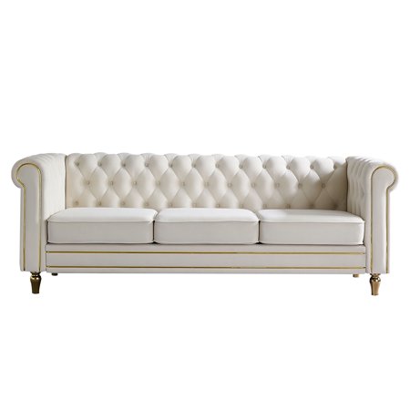 JERFIT Modern Chesterfield Velvet Sofa 84 inch Tufted Couch with Gold Trim for Living Room, Beige