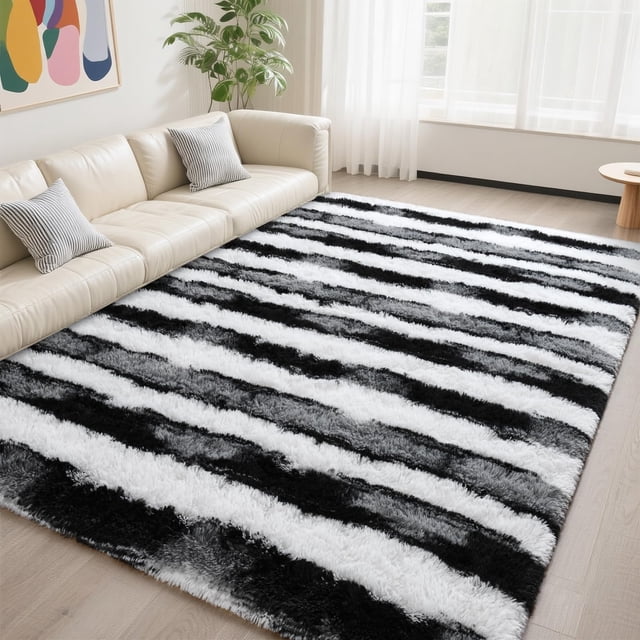 DweIke Alfombra de Peluche a Rayas Negra Extra Grande 170x275 cm