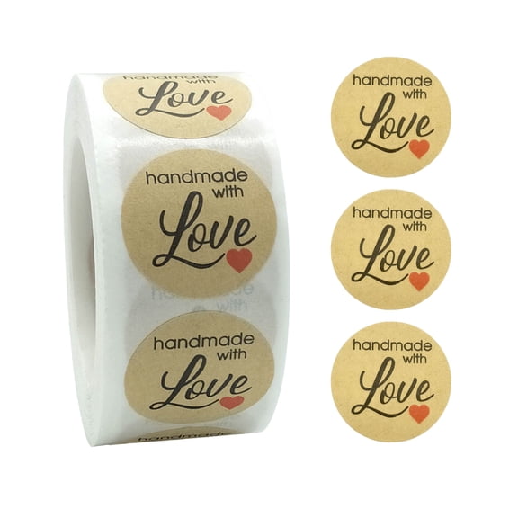 Qocolcyl Under $1 1" Natural Kraft Handmade with Love Stickers Roll Cookie Valentine’s Day Stickers Thank You Stickers Printed Paper Labels Total 500 Permanent Adhesive Labels Per Roll