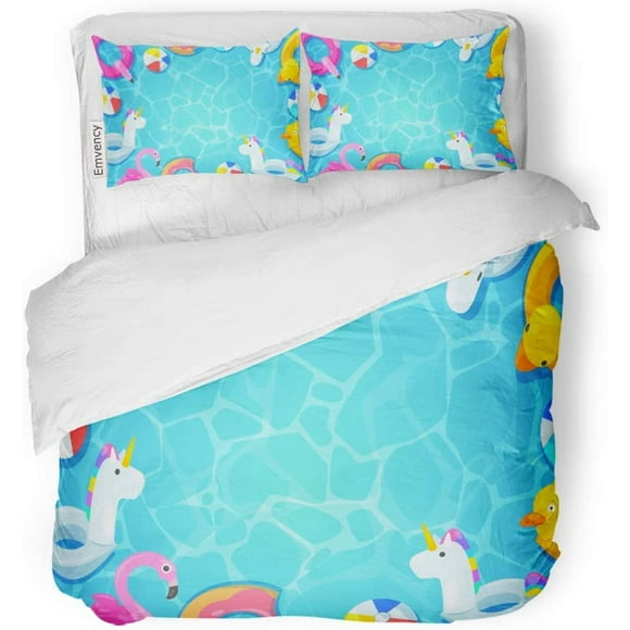 RYLABLUE 3 Piece Bedding Set Swimming Pool Colorful Floats in Blue Water Cartoon Kids Inflatable Toys Flamingo Duck Donut Unicorn Twin Size Duvet Cover with 2 Pillowcase for Home Bedding Room