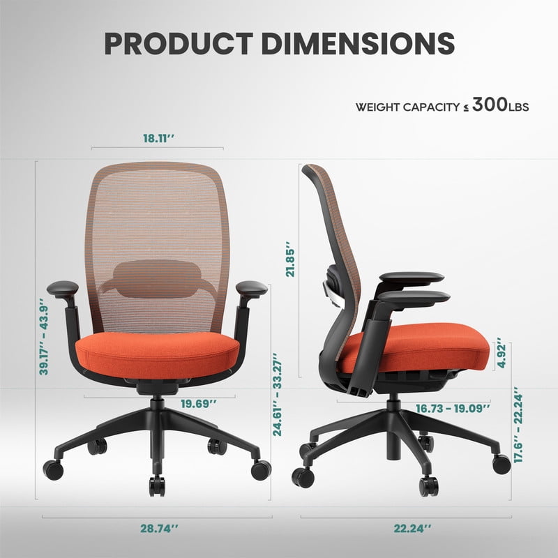 COLAMY Aether Ergonomic Mesh Office Chair, One-Touch Easy Adjust Managerial Desk Chair with Levitating Seat Cushion & Pilot-Level Sync Armrests, 300 LBS Mid Back Mesh Computer Chair, Orange