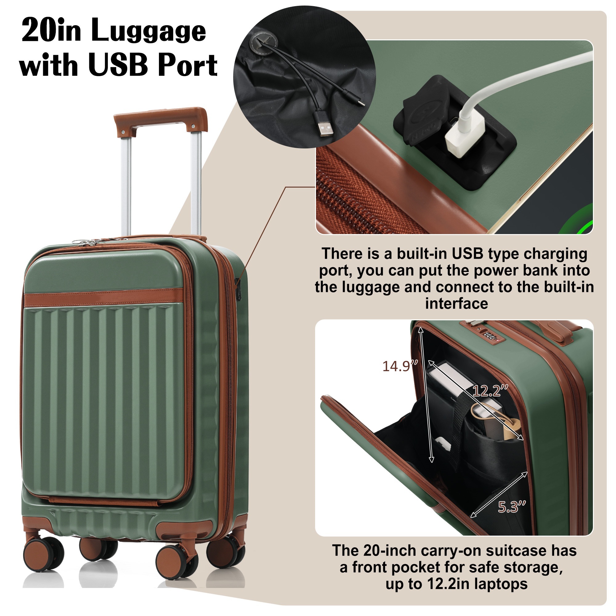 Euroco 3 Piece Front Opening Luggage Set, Hardshell Expandable Carry on Suitcase with Spinner Wheels,USB Port & TSA Lock, Lightweight Luggage for Travel,20in/24in/28in,Green