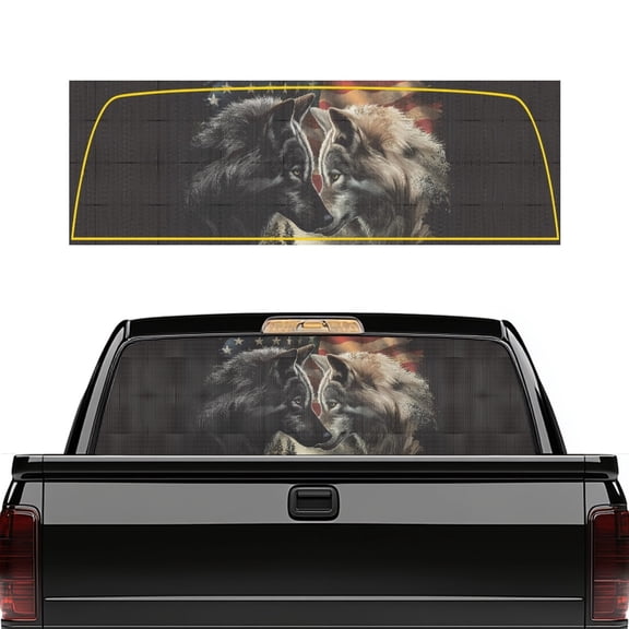 Uourmeti American Flag Wolf Print Pickup Truck Rear Window Decal 66.9 x 22.4 Inch, Waterproof Perforated Vinyl Sticker for Most Pickup Models