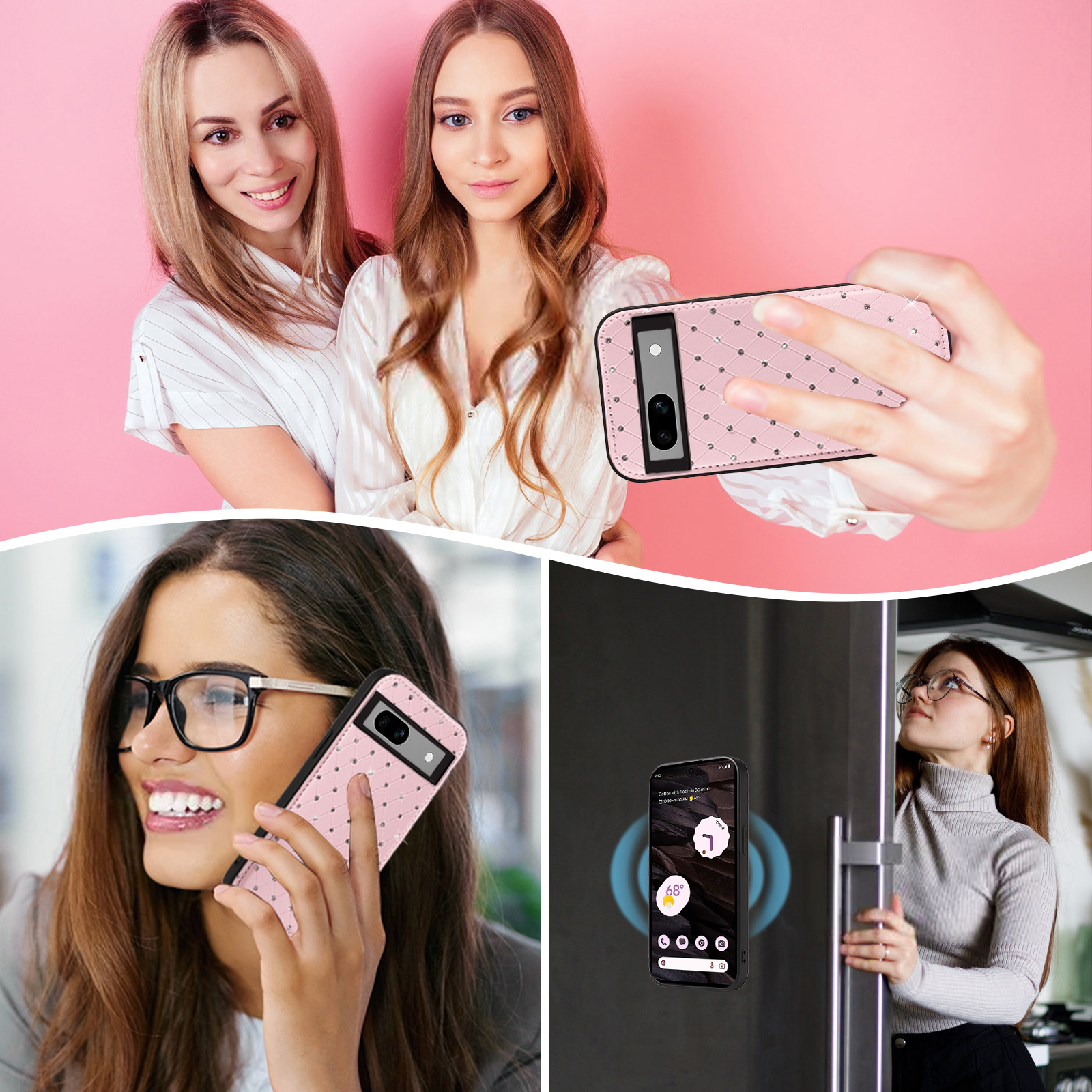 Asuwish Phone Case for Google Pixel 7A 5G 2023 Zipper Wallet Detachable Cell Cover with Tempered Glass Screen Protector Crossbody Lanyard Strap Bling Glitter Flip Card Holder Slot Pixel7A A7 Pink