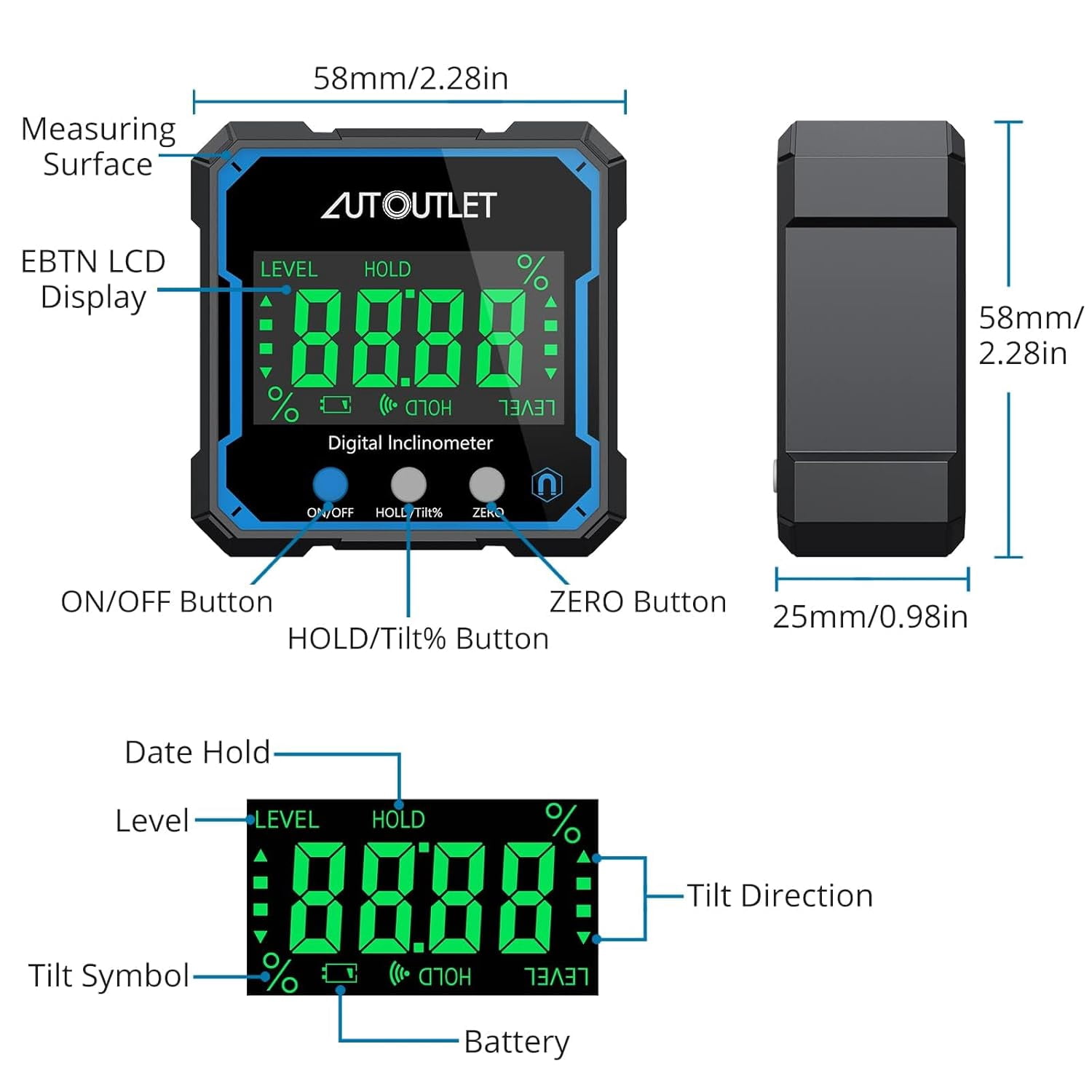 AUTOUTLET Digital Angle Gauge Magnetic Angle Finder with Backlight Display Mini Inclinometer Digital Protractor IP54 Waterproof for Woodworking