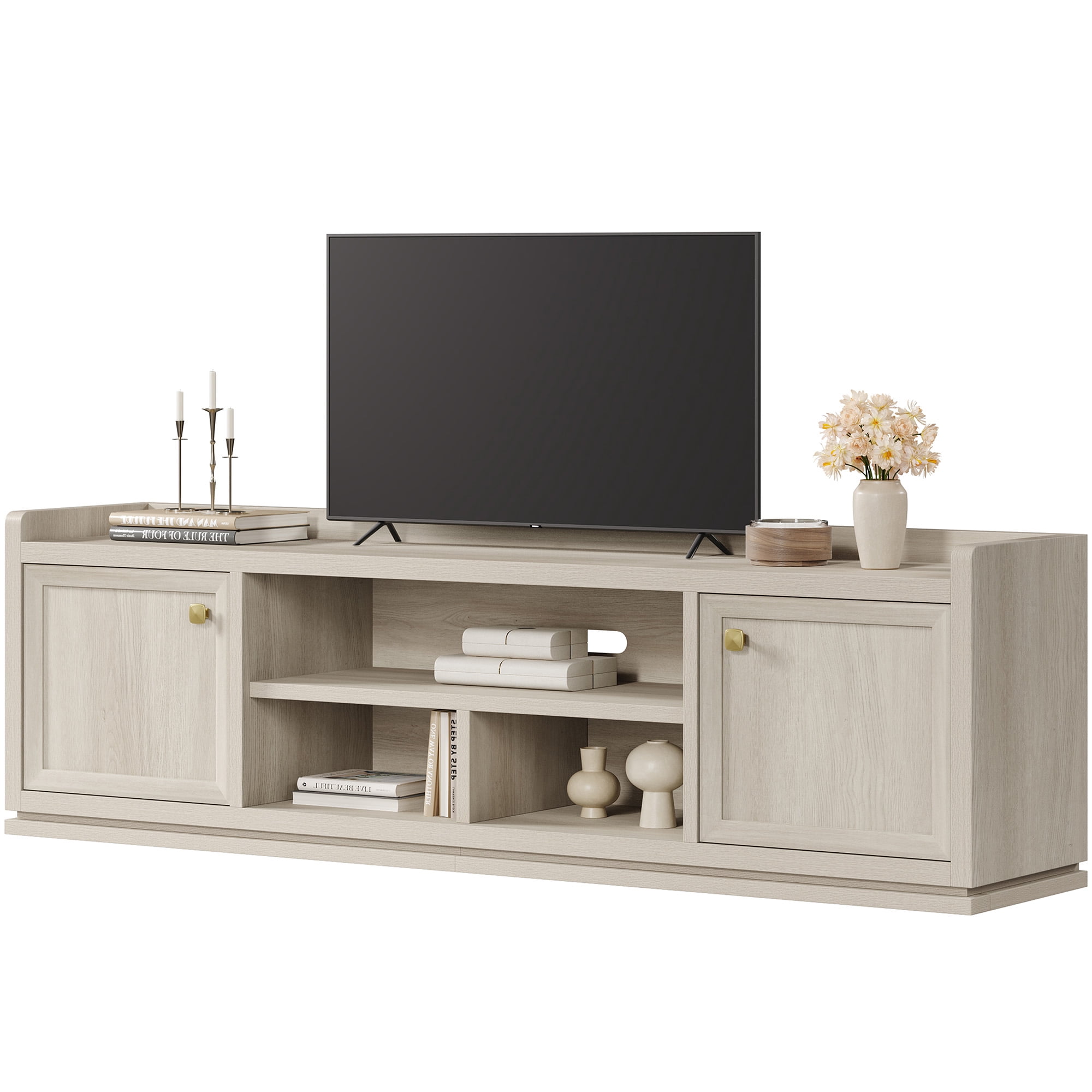 SICOTAS Farmhouse TV Stand for TVs up to 75", Entertainment Center with Storage Cabinets & Open Shelves, Wood TV Cabinet, Media Console Table for Living Room, White Oak