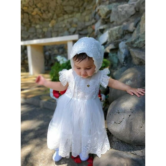 Baby Girls Baptism Dress Christening Gown with Bonnet Cross Design 6M