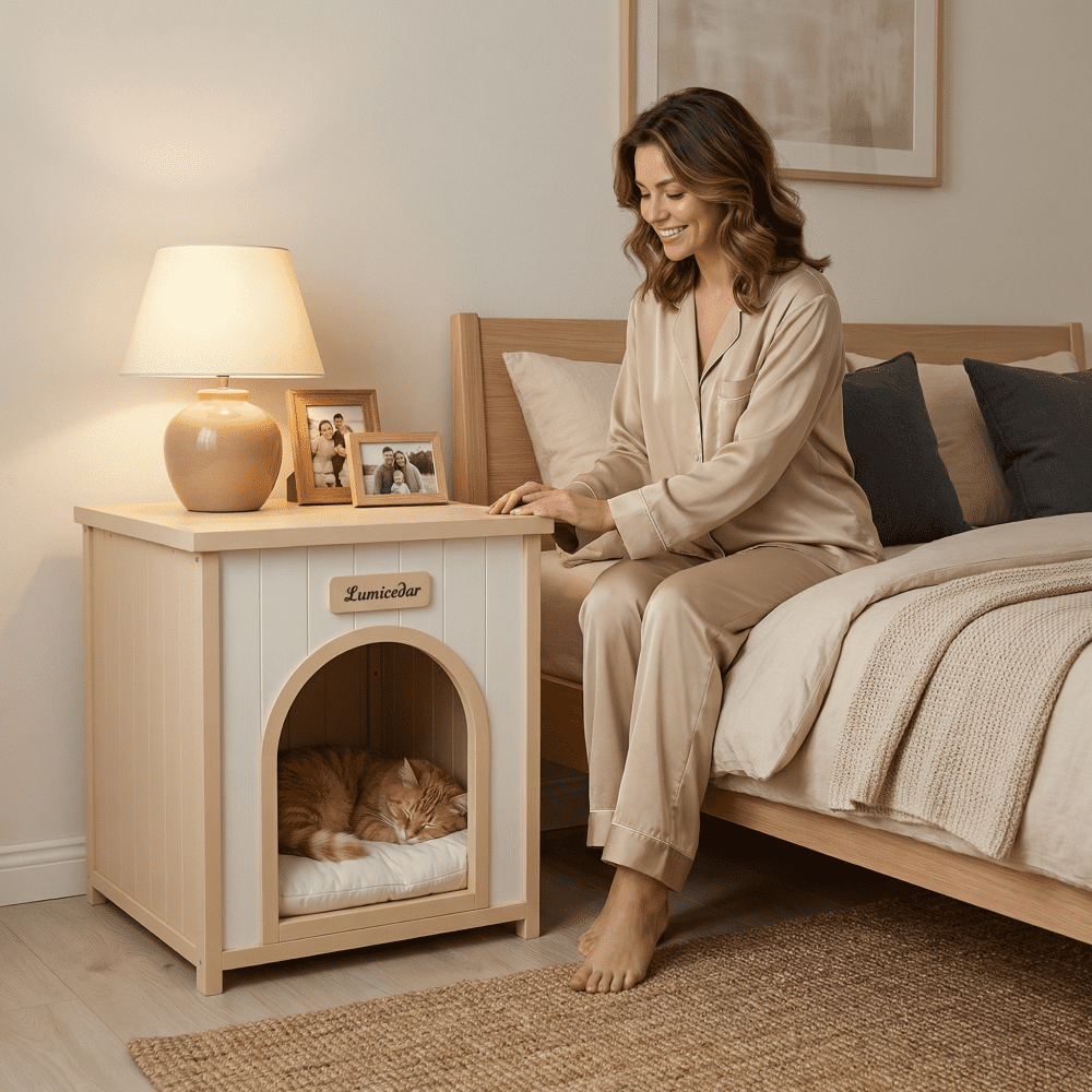 Modern Indoor Wooden Pet House with Removable Cushion - Solid Cedar Furniture for Small Pets