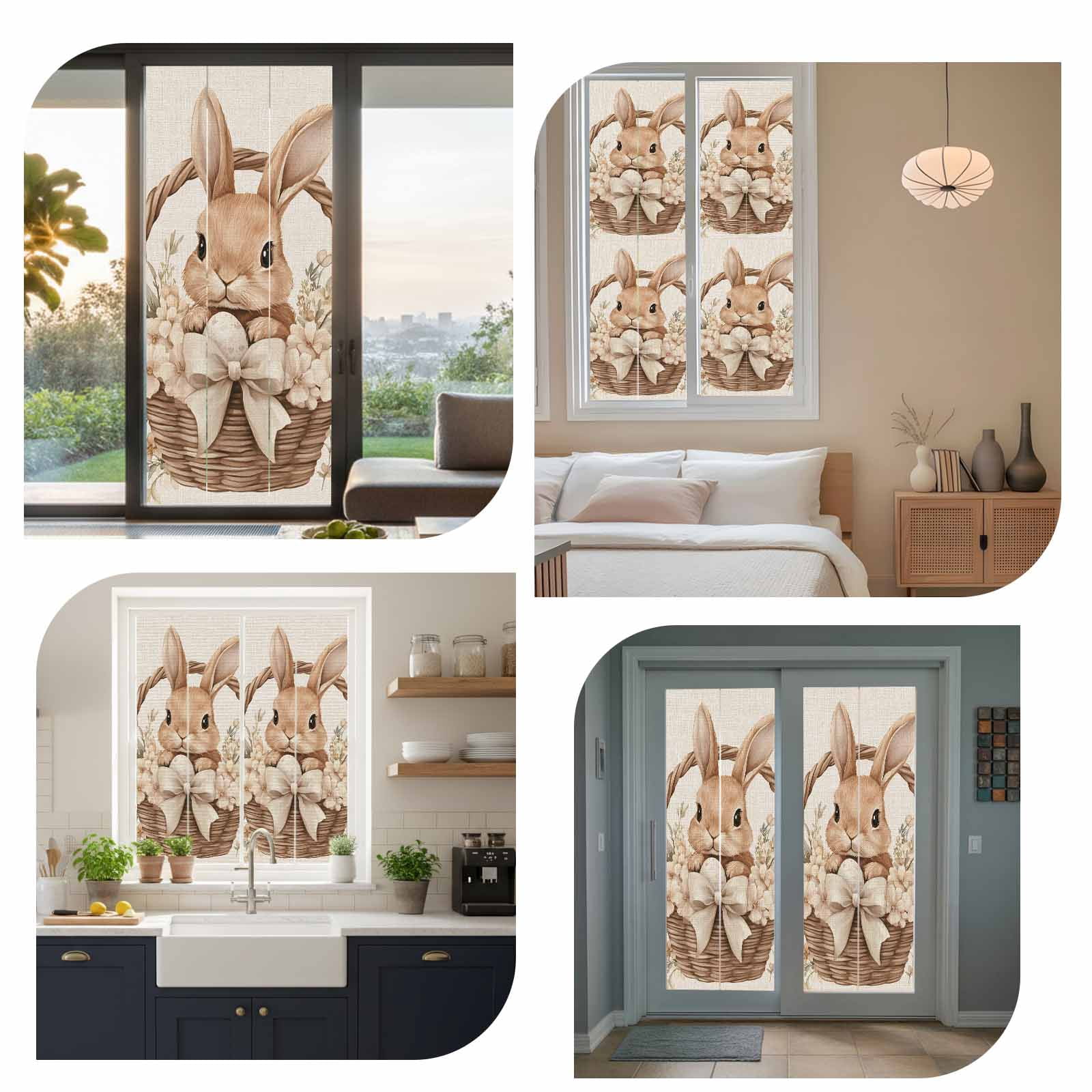 Easter Basket Rabbit Window Privacy Film, Vintage Bowknot Egg Spring Floral Leaf Linen Texture Frosted Glass Window Clings Static Cling Heat Blocking Reusable Door Sticker for Bedroom 23.6x78.7 Inch