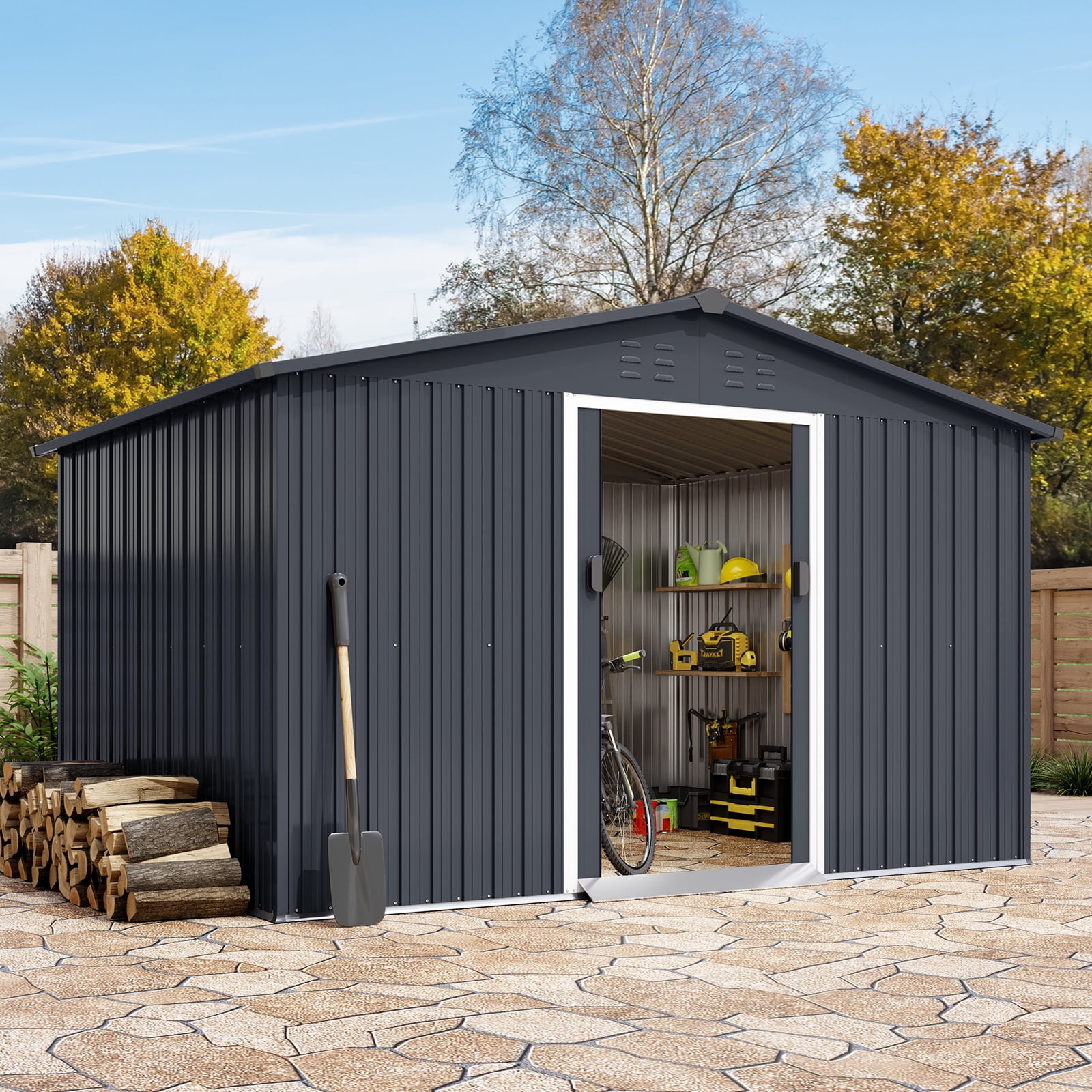 Garvee Outdoor Storage Shed, 10x10ft Large Metal Garden Shed with Lockable Door Design for Garden, Patio, Backyard, Outside