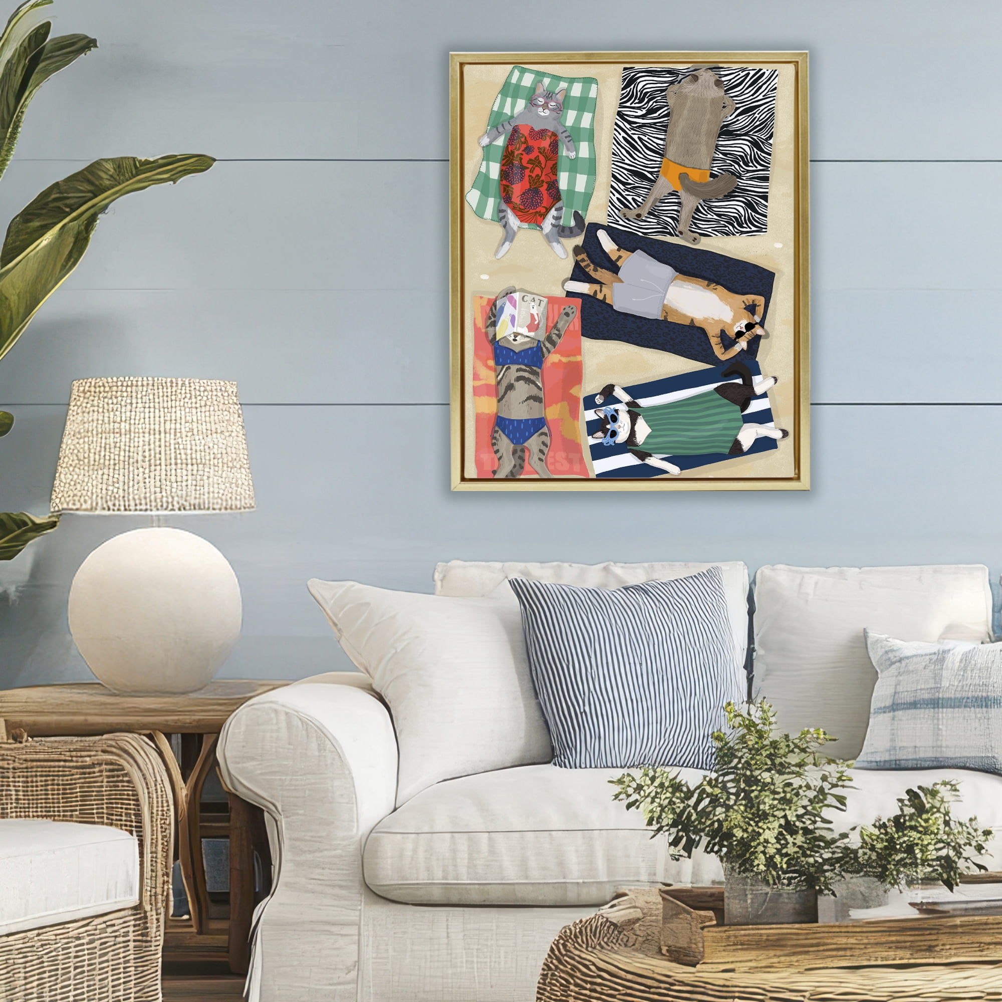 Stupell Industries Summer Sunbathing Cats Gold Framed Floater Canvas Wall Art, design by Hanna Melin