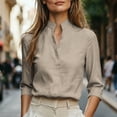 thumbnail image 3 of Bosfbaoi 3/4 Length Sleeve Womens Tops Stand Collar Hidden Button V Neck Linen Blend Office Blouses, 3 of 7