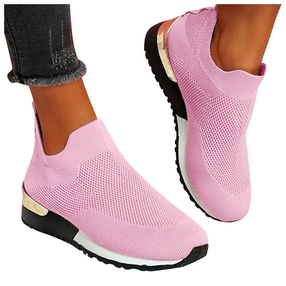 CAICJ98 Womens Shoes Women's Round Comfortable Casual Knitted Loafers Breathable Lightweight Slip on Walking Shoes,Pink