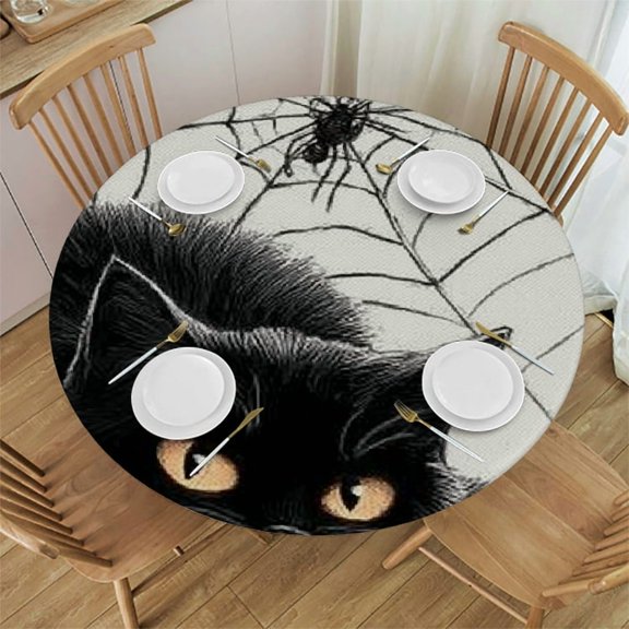 Autua Black Cat Spider Web Round Tablecloth Stain-Resistant 100% Polyester 31"-35