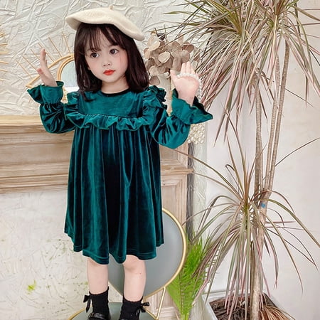 

OBEEII Toddlers Baby Girls Fall Long Sleeve Solid Color Ruffled Velvet Dress Baby Girls Cake Smash Dress Wedding Flower Girl Dress 3-4 Years Lace dark green