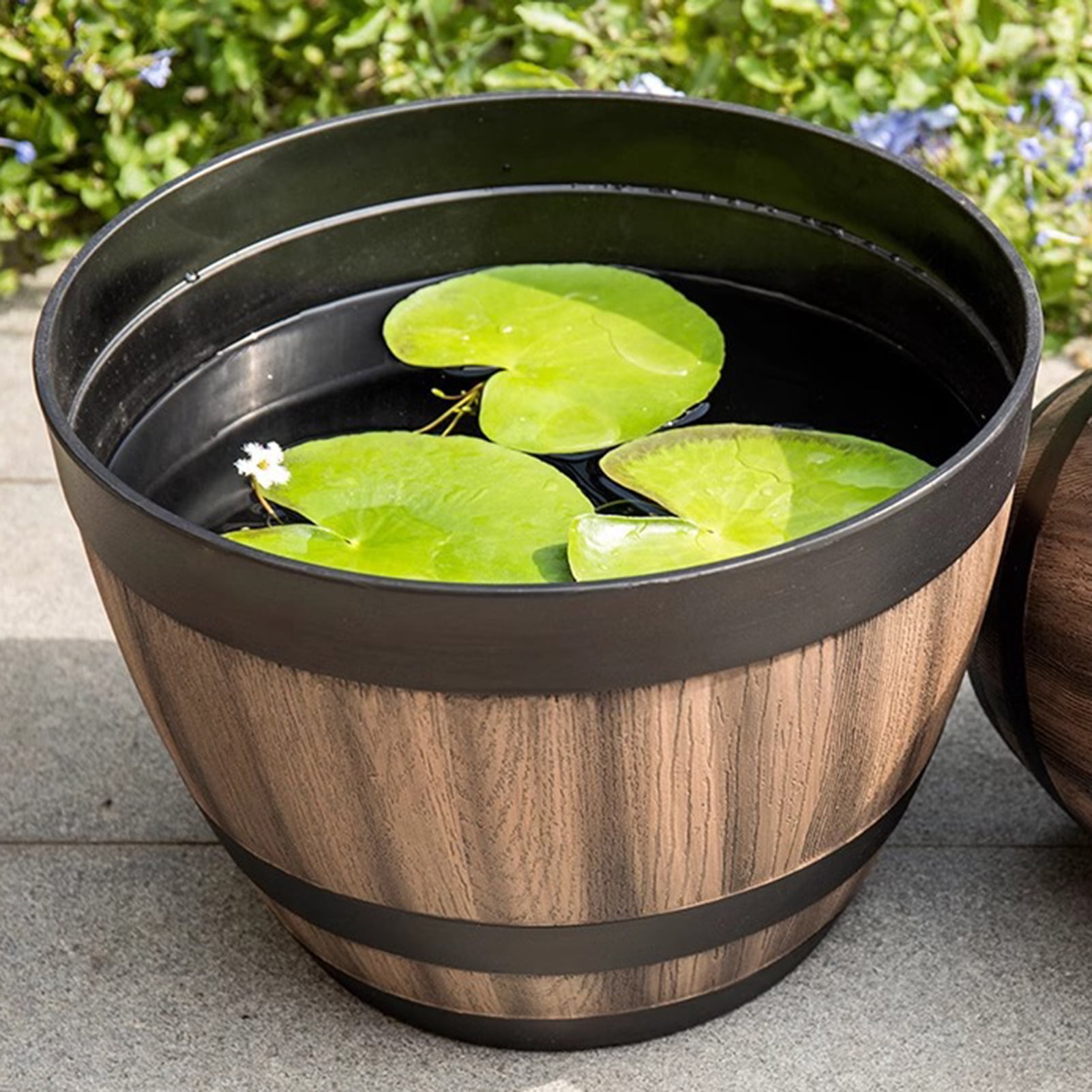 OIUR Large Flower Pot Whiskey Barrel Design Plant Pot with Drainage Holes Saucer Lotus Planter Rustic Garden Pots for Herbs Outdoor Planting