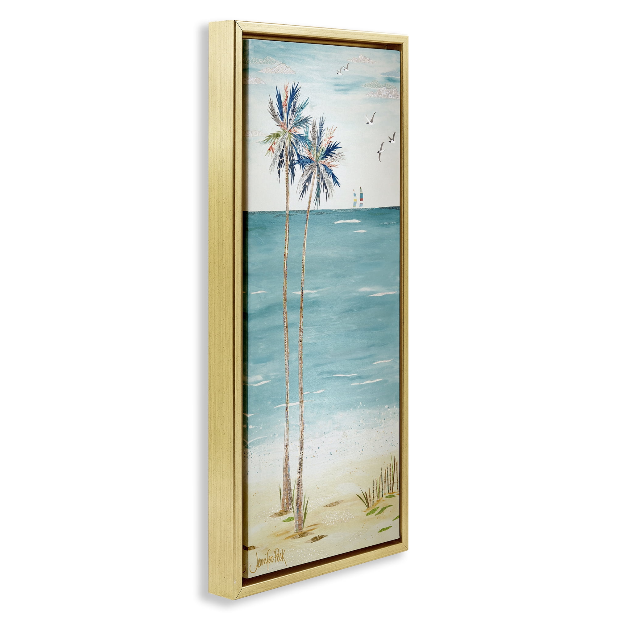 Stupell Industries Palms & Distant Boats Landscape Painting Gold Floater Framed Canvas Art Print Wall Art, 11 x 25