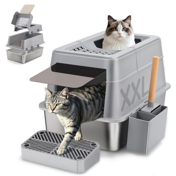 Arenero de Acero Inoxidable para Gatos Con Tapa Abatible de 110°, Tamaño Xxl, Cerrado, de Metal, para Gatos Grandes, Con Pala Y Pedal, Tapa Extraíble, Control de Olores, Superficie Antiadherent