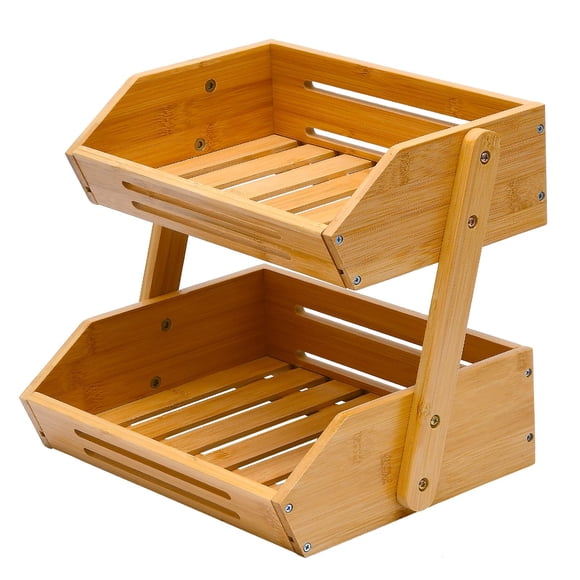 VIKEYHOME 2-Tier Bamboo Fruit Basket, 11" Tall, Multipurpose, Large Capacity, Natural, 15 mm Thickness (Self-Assembly)