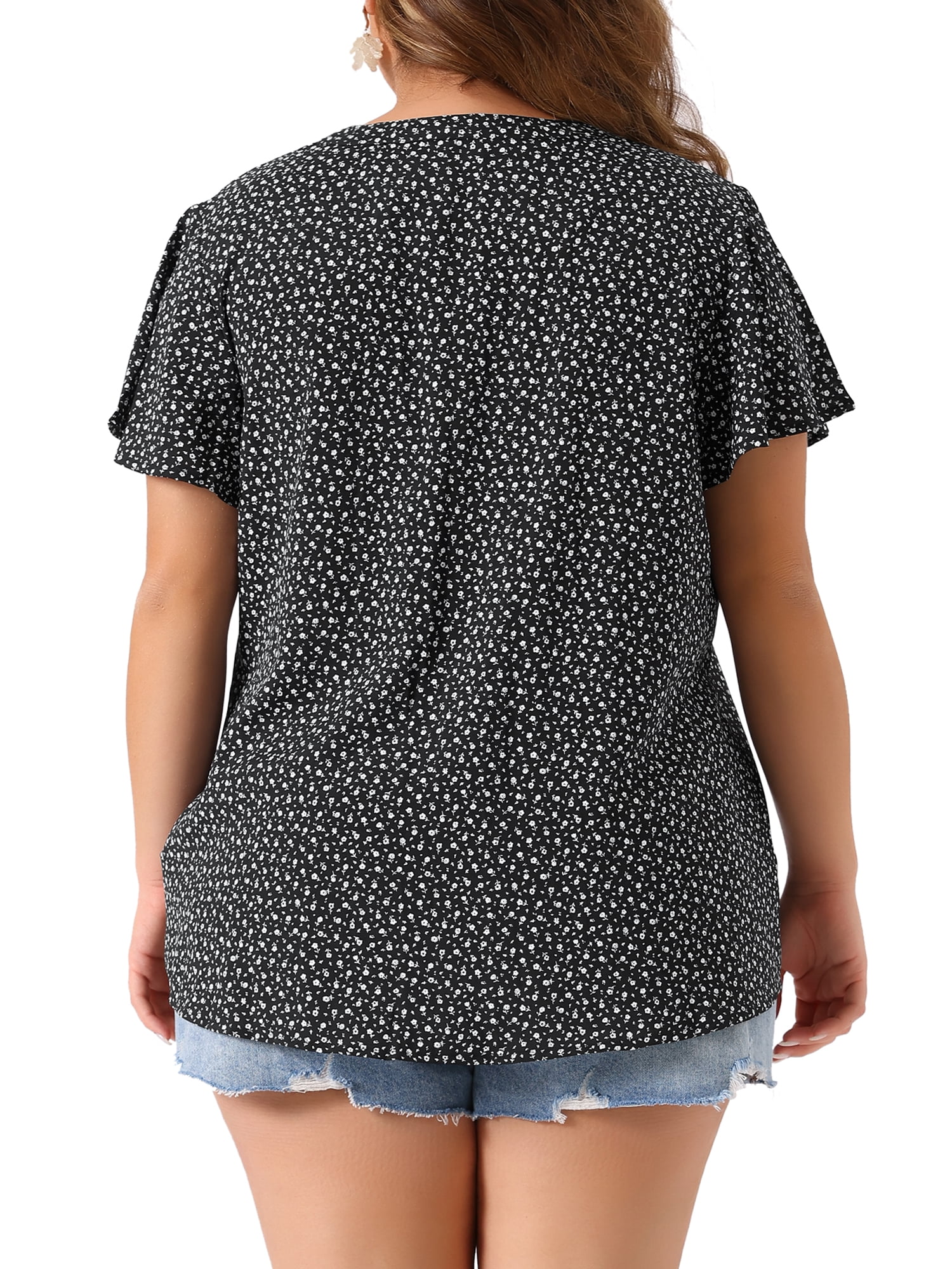 Unique Bargains Women's Plus Size Flare Short Sleeve Button Down Floral Top 1X Black White