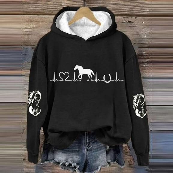 Baqcunre Horse Heartbeat Horse Lover Casual Hoodie Casual Long Sleeve Sweatshirt Soft Printed Shirt Women's Winter Sweatshirt Tops Shirts for Women Going Out Tops Womens Tops,Color Black,L