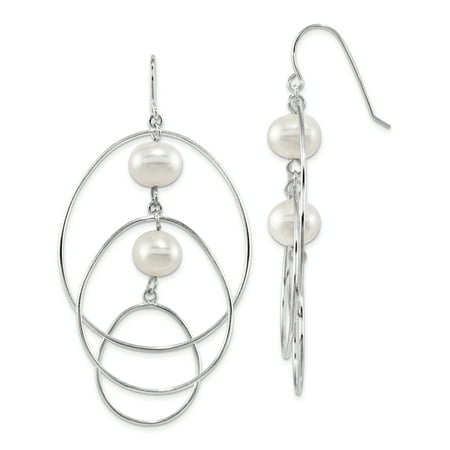 - 925 Sterling Silver Rh 9mm White Round Freshwater Cultured Pearl Hoop Drop Dangle Chandelier Earrings Ear Hoops Set For Women