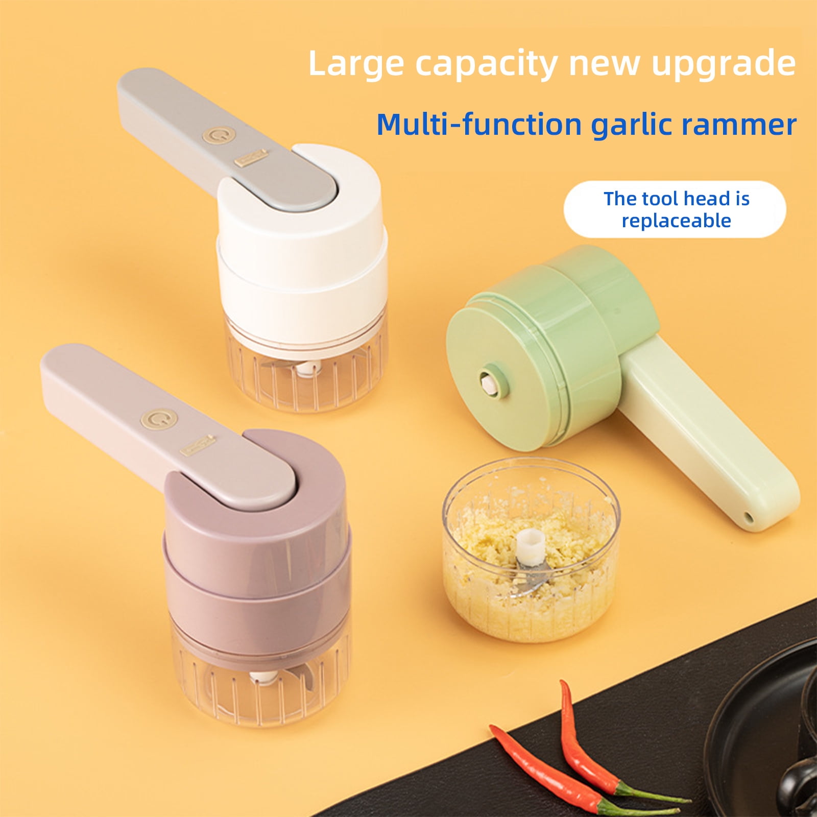  Multifunctional portable wireless vegetable processor Electric  4-in-1 vegetable cutter set, easy to charge, for garlic, chili, celery,  ginger, meat, with cleaning brush, with egg and cream whisk.: Home & Kitchen