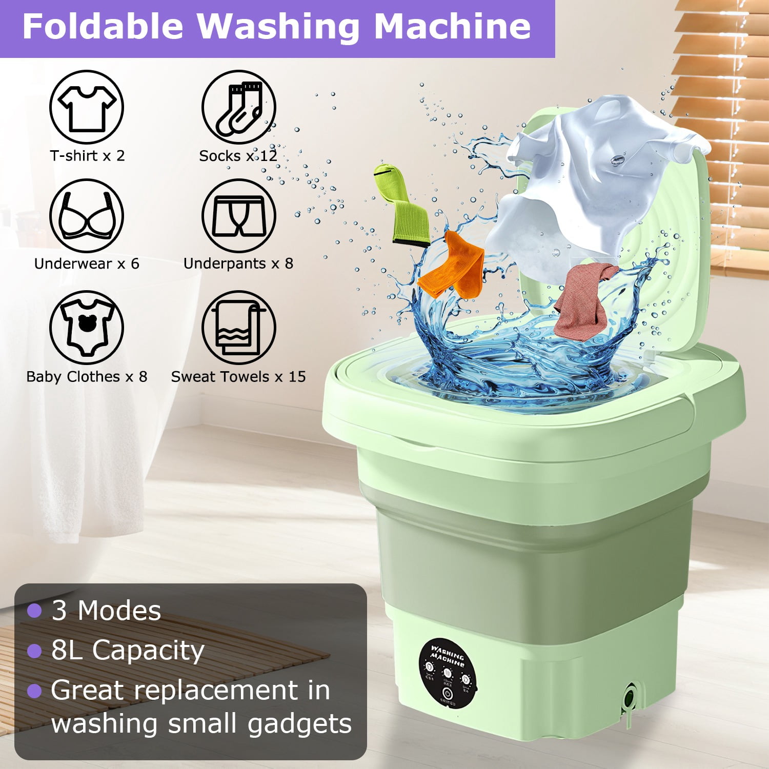 Moclever Portable Washing Machine, Foldable Personal Washing Machine 8L Capacity with Detachable Drain Basket 3 Modes for Underwear Socks Towels Baby Clothes, Green