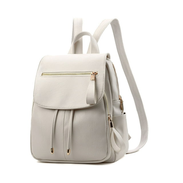 Women PU Backpack Large Capacity Travel Organizer School Solid Backpack PU Leather Color Causal Adjustable Handbag Rucksack Tote Shoulder Bag White