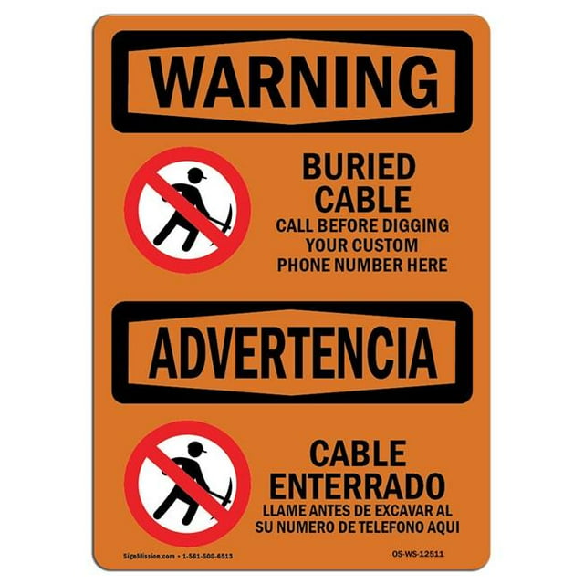 SignMission OS-WS-A-1218-L-12511 Panneau d'Avertissement OSHA de 12 x 18 Po - Câble Enterré avant de Creuser Bilingue