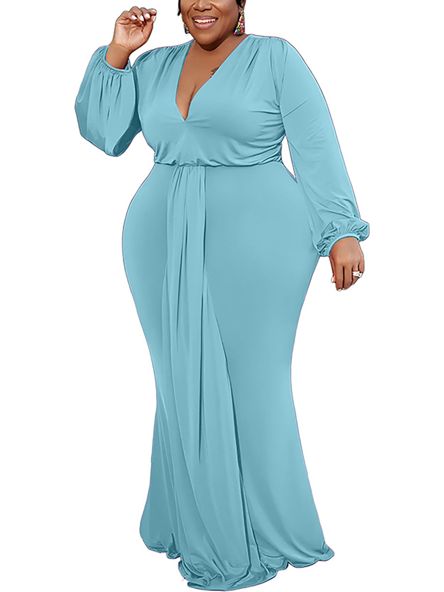 Overtræder Messing Klimatiske bjerge Niuer Women Maxi Dresses Long Sleeve Dress Plus Size Casual Loose V Neck  Light Blue 4XL - Walmart.com